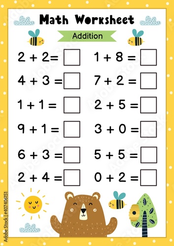 Math worksheet for kids. Addition. Mathematic activity page with a cute bear. Calculate and write the result template. Vector illustration