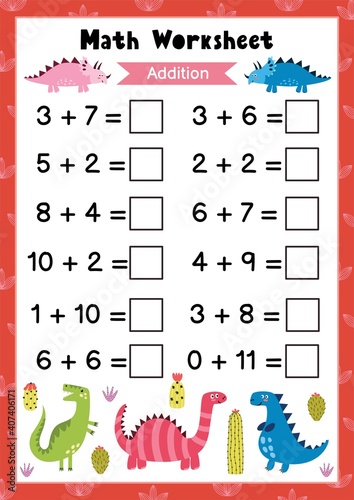 Math worksheet for kids. Addition. Mathematic activity page with cute dinosaurs. Calculate and write the result template. Vector illustration