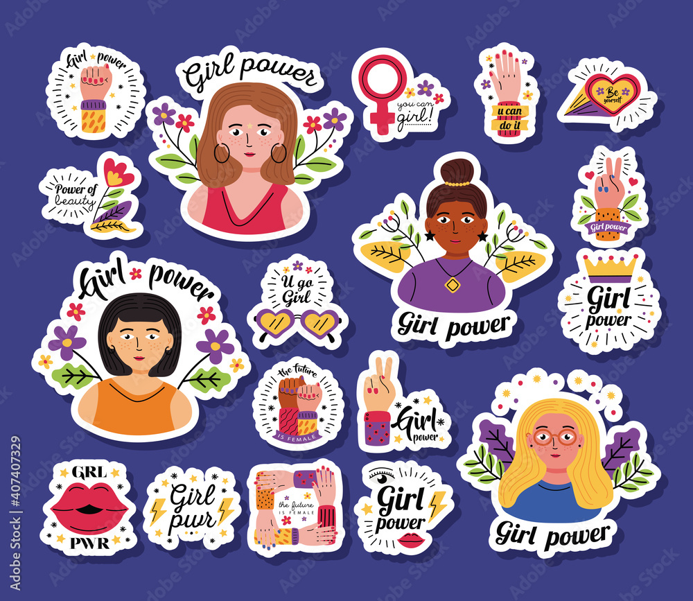 Girl power stickers icon set vector design Girl power stickers icon set vector design