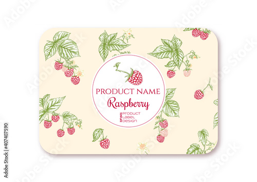 Raspberry. Ripe berries on branch. Template for product label, cosmetic packaging. Easy to edit. Graphic drawing, engraving style. Vector illustration..