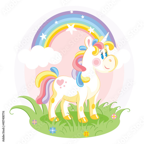 Vector unicorn cute character standing on grass