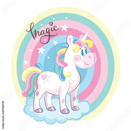 Vector unicorn cute character standing on cloud
