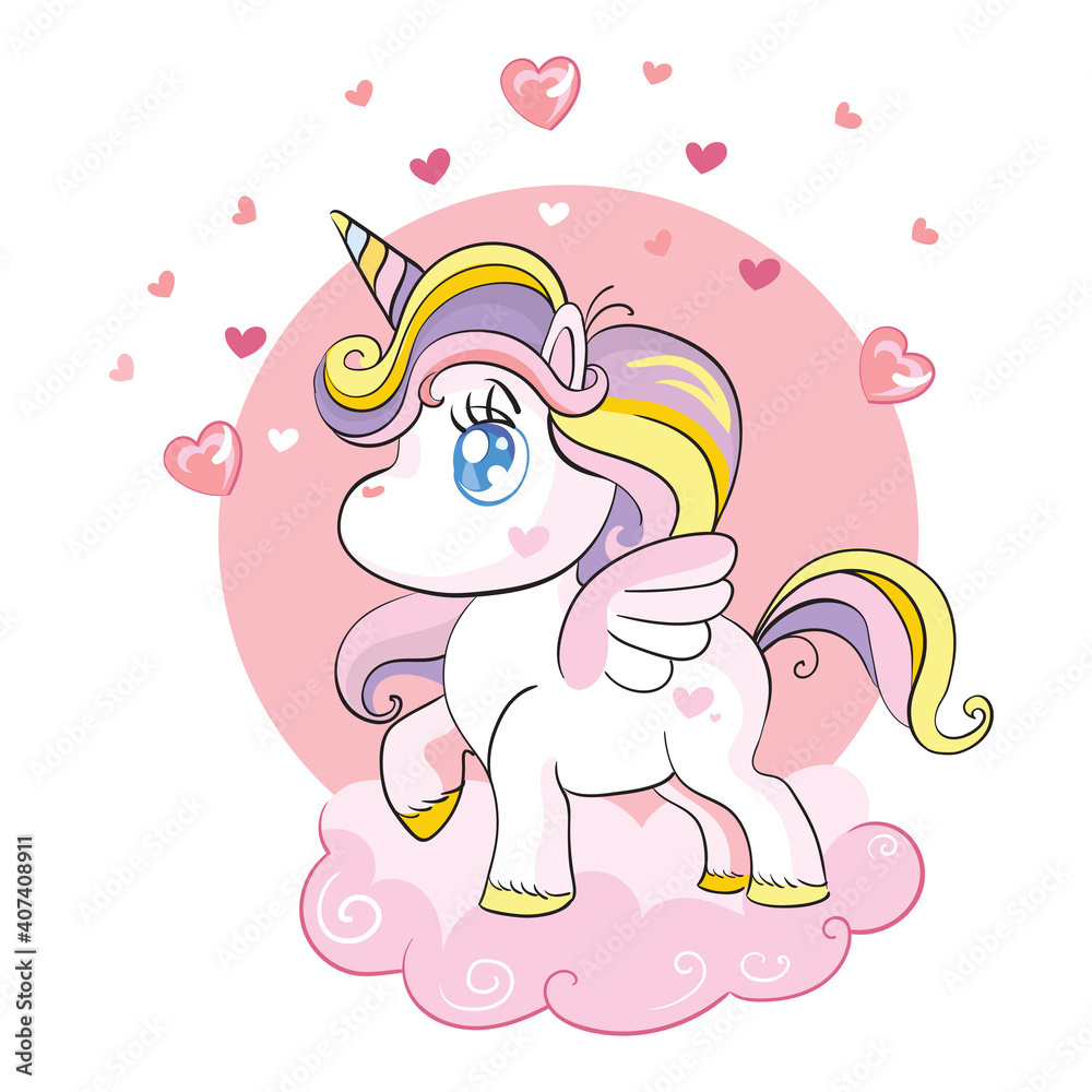 Vector cute baby unicorn character standing on cloud