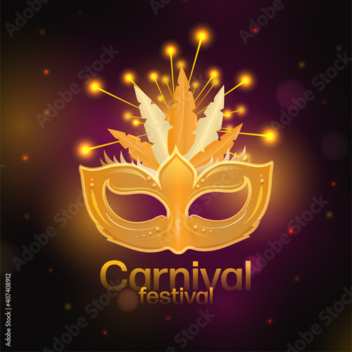 Carnival Festival Concept With Golden Masquerade On Lights Effect Background.