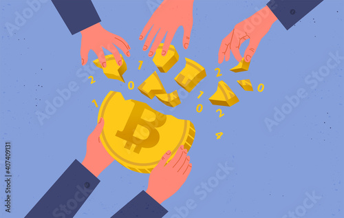 Buying and selling bitcoins, Hype in the cryptocurrency market, a frenzied demand for bitcoin, bullish sentiment, a successful investment. Big bitcoin coin in the hands of the miner