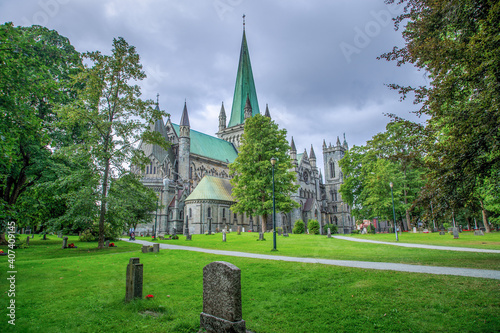 Outdoors view of Nidaros Cathedral in Trondheim, Norway