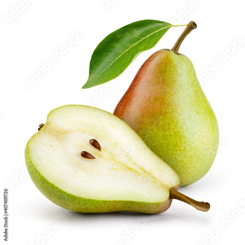 Pears isolated. One and a half green pear fruit with leaf on white background. Pear slice. With clipping path. Full depth of field.