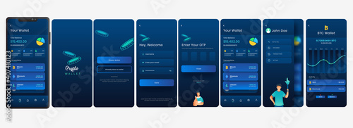 Crypto Wallet Mobile App UI, UX, Screens Including Like As Create Account For Payment Or Transaction.