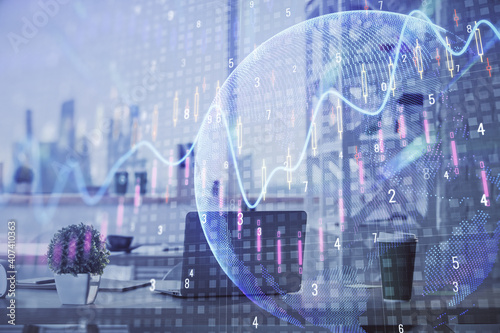 Double exposure of stock market graph drawing and office interior background. Concept of financial analysis.