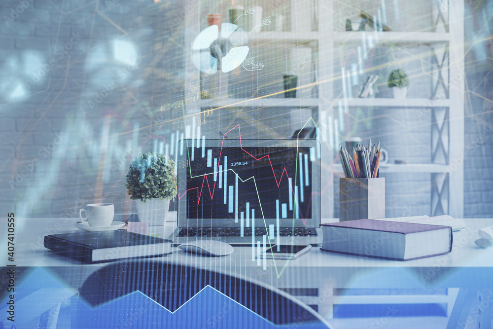 Double exposure of financial graph drawing and office interior background. Concept of stock market. Double exposure of financial graph drawing and office interior background. Concept of stock market.