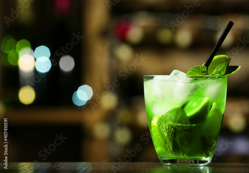 Green leaf in a summer cocktail drink