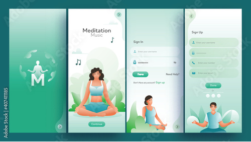 Set Of UI, UX, GUI Screens Meditation Music App Including Sign In, Create Account And Sign Up For Responsive Website.