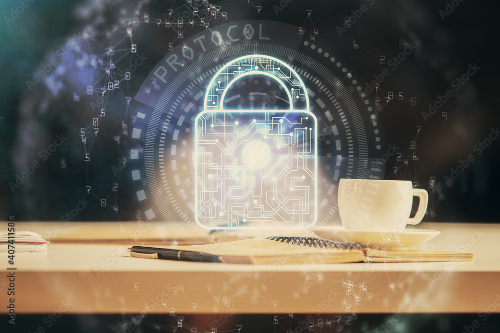 Double exposure of lock drawing and desktop with coffee and items on table background. Concept of securitization. Double exposure of lock drawing and desktop with coffee and items on table background. Concept of securitization.