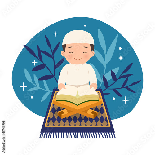Cute muslim boy sitting while reading quran. Flat vector Islamic character design.
