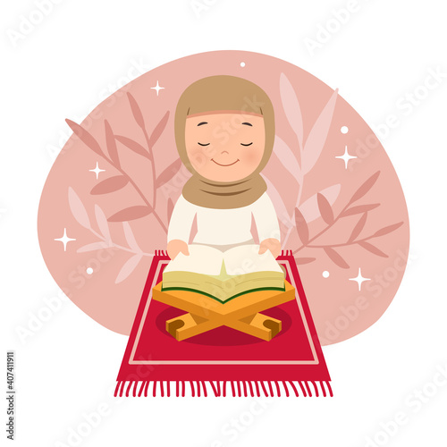 Cute muslim girl with hijab read quran and pray. Flat vector design cartoon character.