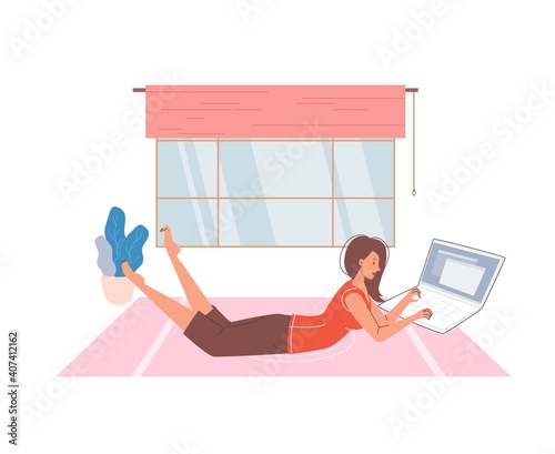Cartoon flat character surfing internet indoor at home interior - web chat,social networking service,online education,messenger communication,freelance remote work concept