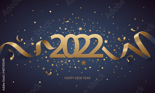 Happy New Year 2022. Golden numbers with ribbons and confetti on a dark blue background.