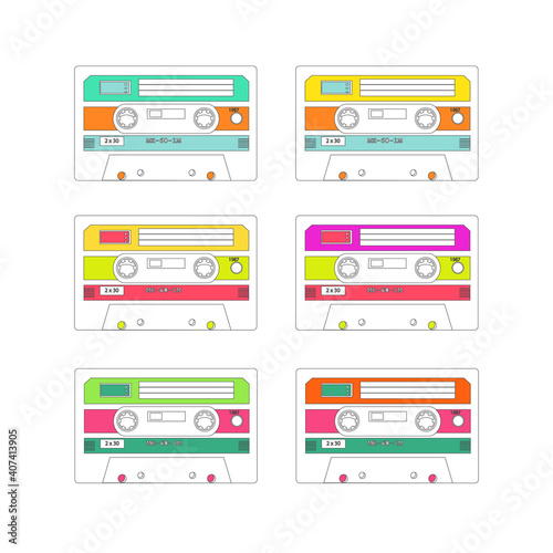 Vector illustration of six audio tapes on white background.