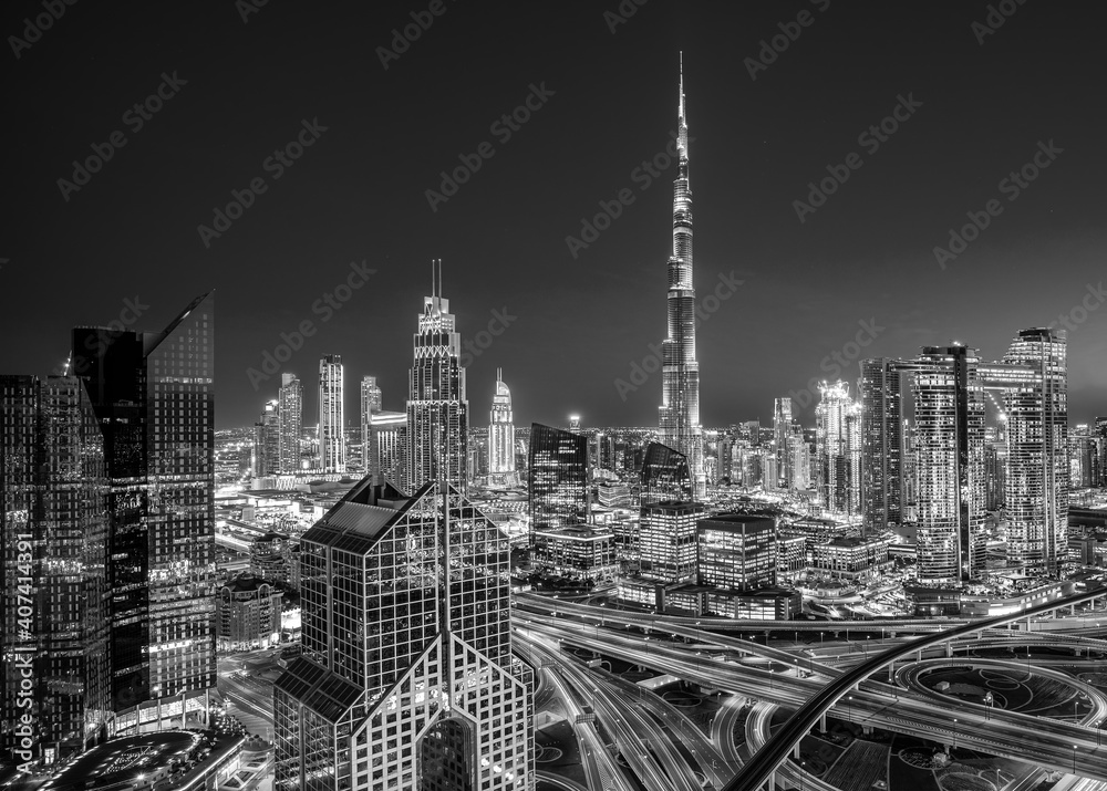 Modern Dubai city skyline at the sunset and beautiful city center, Dubai, United Arab Emirates