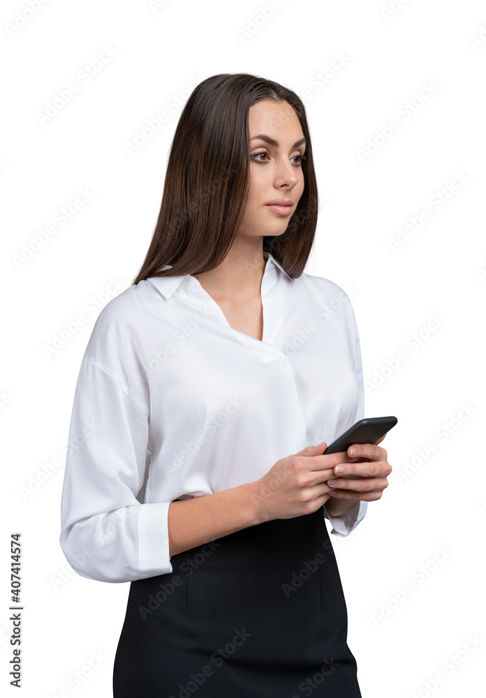 Young businesswoman in white shirt and black skirt with phone in hands. Female office manager isolated over white background, looking away, profile shot Young businesswoman in white shirt and black skirt with phone in hands. Female office manager isolated over white background, looking away, profile shot