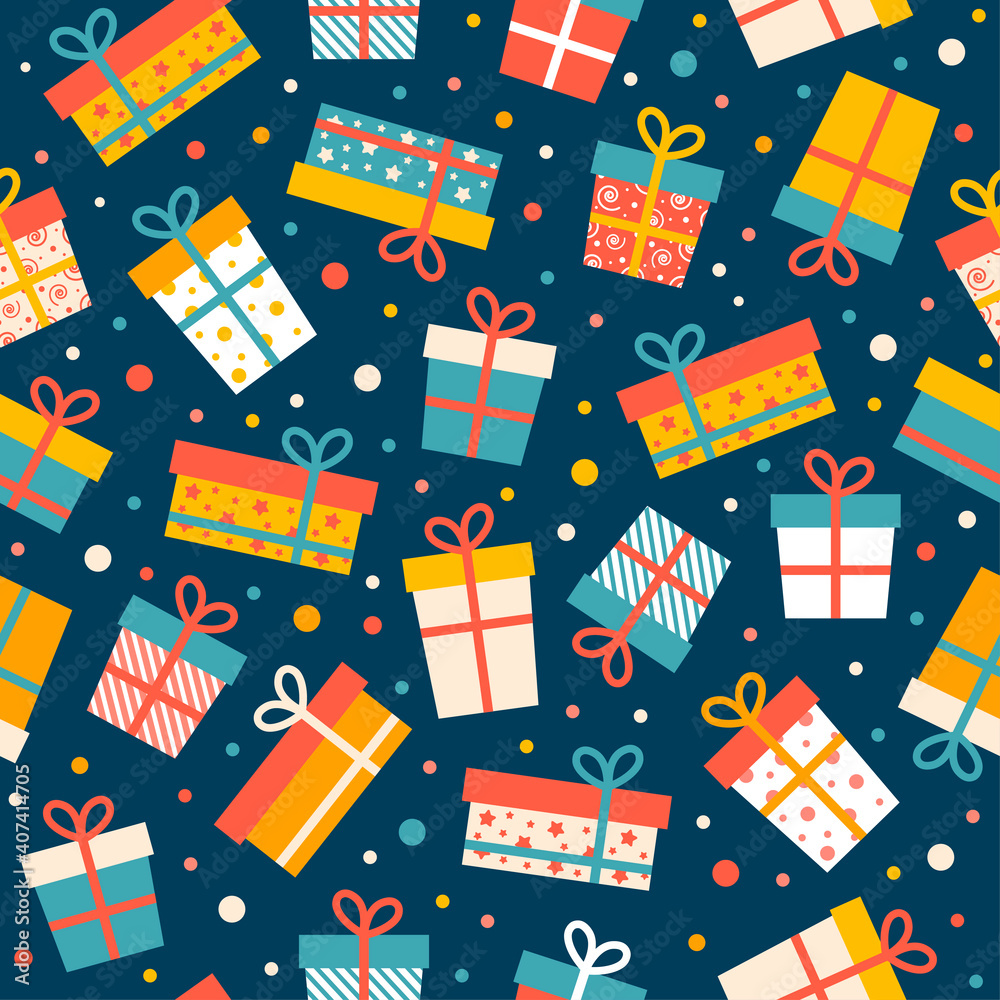 Seamless pattern with gift boxes of different colors. Vector illustration