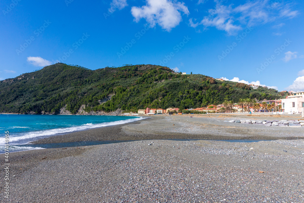 view of beach, Riva Trigoso, Sestri Levante, Italy