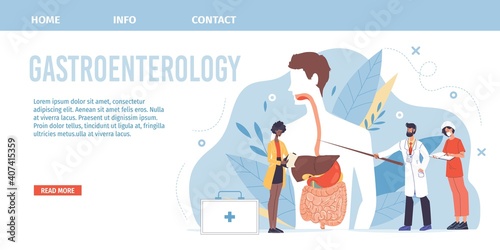 Cartoon flat doctor character in uniform,lab coat with medical devices and symbols-gastroenterologist medic profession career concept