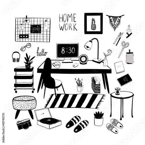 Seth, work from home, home office: desktop; curbstone; office; pouf; slippers; player; flower in a flowerpot. Doodle vector, hand-drawn, cartoon style