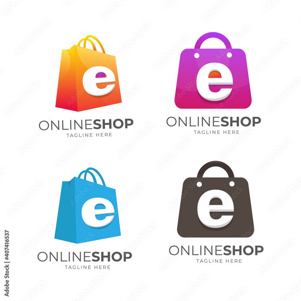 set of E letter gradation logo design templates and shopping bags, logo designs for online shop set of E letter gradation logo design templates and shopping bags, logo designs for online shop