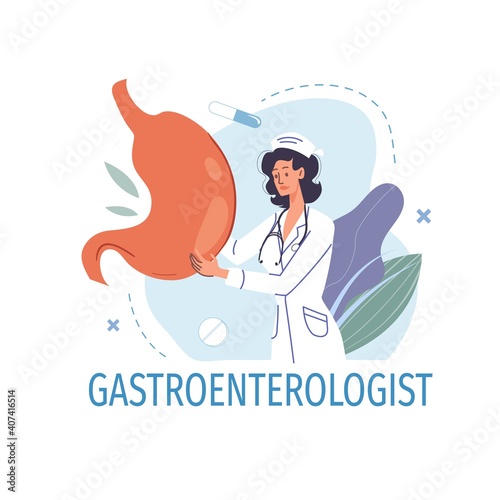 Cartoon flat doctor character in uniform,lab coat with medical devices and symbols-gastroenterologist medic profession career concept