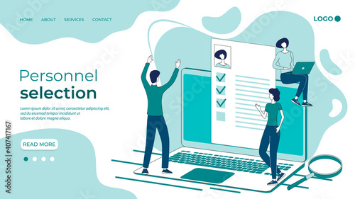 Personnel selection.Virtual headhunting concept, digital job search, job offer and information for job seekers.3D-image.Flat vector illustration.The template of the landing page.
