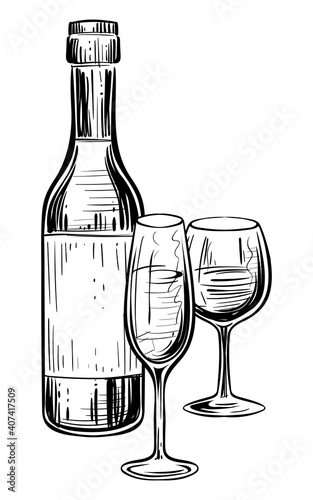 Wine bottle and two glasses, monochrome, vector