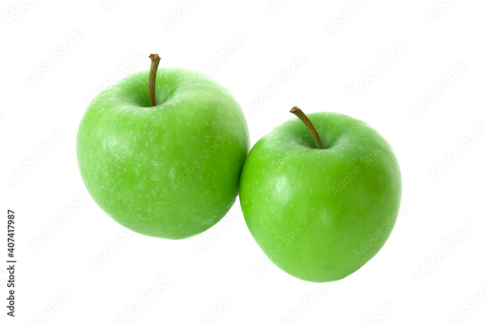 Fresh organic green apples isolated on white background. Healthy foods.