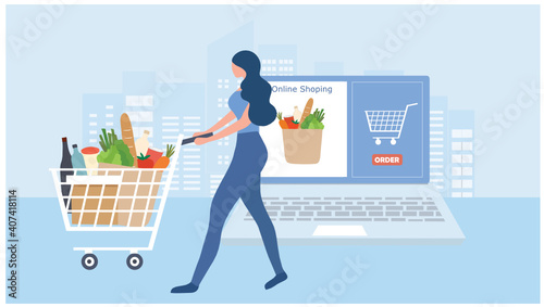 Online shopping grocery concept, beautiful woman order grocery from laptop isolated vector illustration. Online shopping, digital payment, technology service business service background