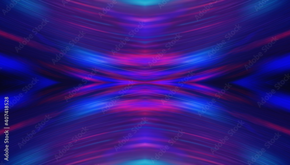 Fototapeta premium Dark abstract background with UV neon glow, blurred light lines, waves. Blue-pink neon light