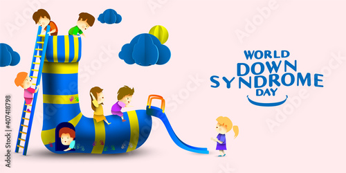 World down syndrome day children play in socks playground sign of awareness. Happiness children smiling and Jumping with disabilities