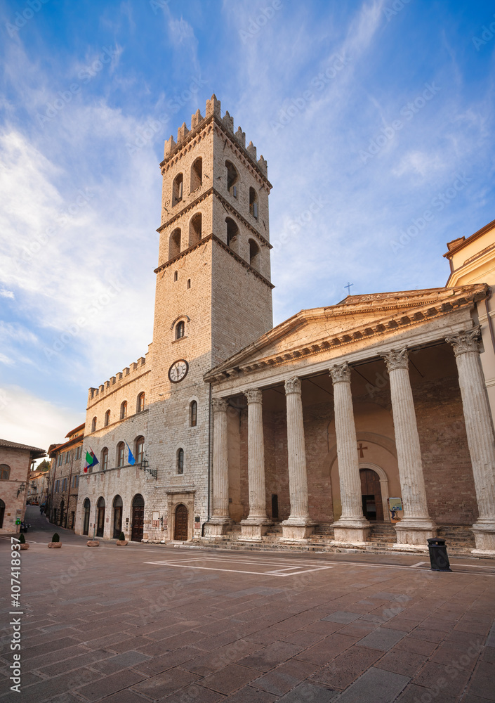 Assisi, Popolo tower and Santa Maria Minerva church. Umbria, Italy.