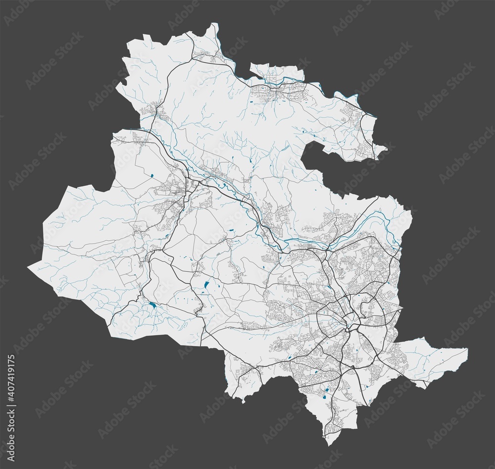Detailed map of Bradford city, Cityscape. Royalty free vector illustration.