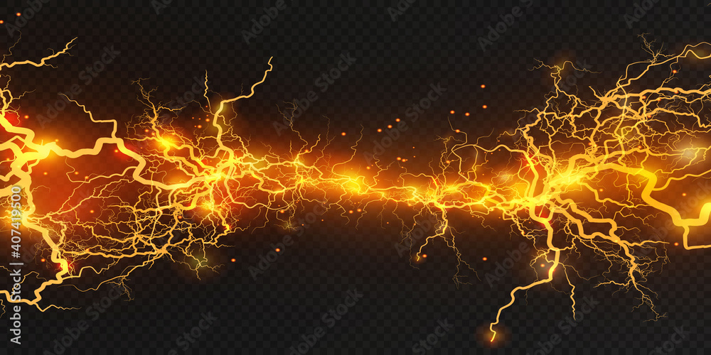 Realistic lightning bolts on a black transparent background. the charge of energy is powerful.Accumulation of electric orange and blue charges.A natural phenomenon. Magic effect. Lightning PNG.	 - obrazy, fototapety, plakaty 