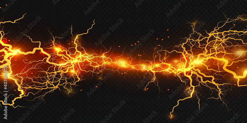Realistic lightning bolts on a black transparent background. the charge