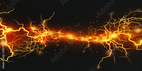 Realistic lightning bolts on a black transparent background. the charge of energy is powerful.Accumulation of electric orange and blue charges.A natural phenomenon. Magic effect. Lightning PNG. 