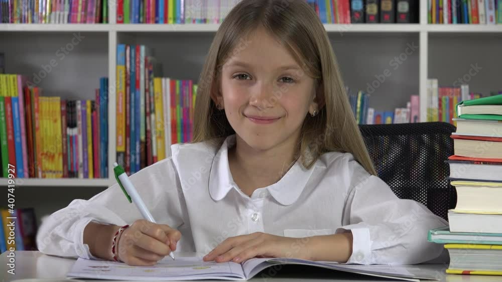 Kid Studying Writing in Class, School Child Portrait Learning at Library, Thoughtful Student Girl in Classroom, Children Education Kid Studying Writing in Class, School Child Portrait Learning at Library, Thoughtful Student Girl in Classroom, Children Education