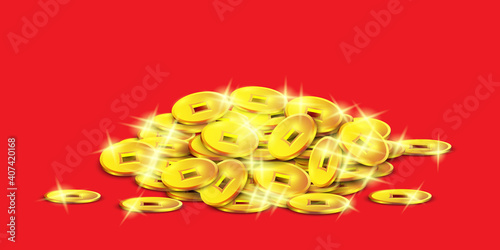 Pile of chinese coins isolated on red, vector realistic 3d style illustration