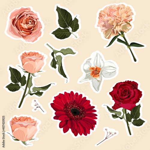 Set of roses and spring flowers elements. Set of stickers, pins, patches and handwritten notes collection stikers kit.