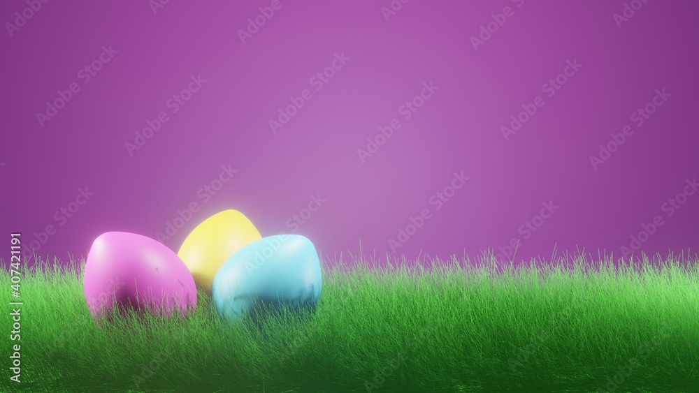 Colorful easter eggs on green grass with pink empty background. 3d rendering illustration. Colorful easter eggs on green grass with pink empty background. 3d rendering illustration.