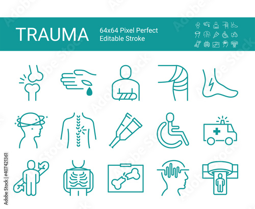 Set of icons of trauma. Editable vector stroke. 64x64 Pixel Perfect.