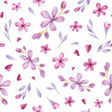 Seamless pattern with purple and pink flower, leaf. Love illustration for Valentines day, wedding decor, scrapbooking, cover, card, invitation.