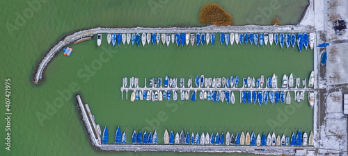 Billede på lærred Balatonlelle, Hungary - Aerial view of private yacht port