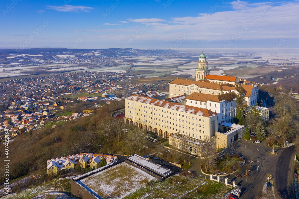 Pannonhalma, Hungary - Aerial view of the Benedictine Pannonhalma Archabbey on the top of Mount of Saint Martin. This is the second largest territorial abbey in the world.