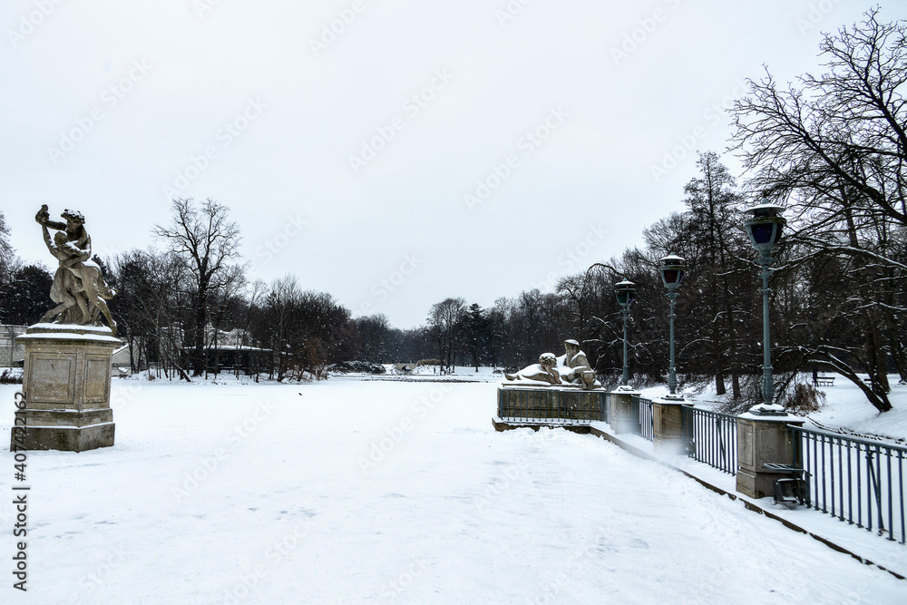  park Łazienki Królewskie in Warsaw Poland on a snowy winter day